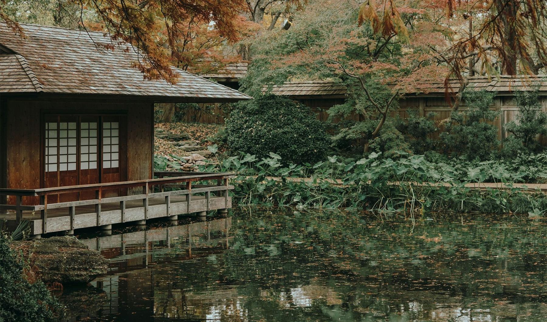 a house with a pond in front of it and trees around it