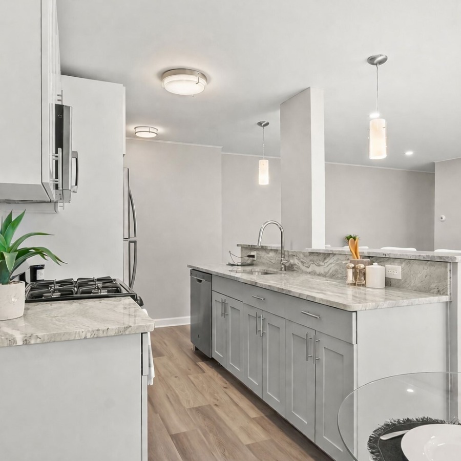 kitchen with ample counter-space, modern appliances and bright lighting