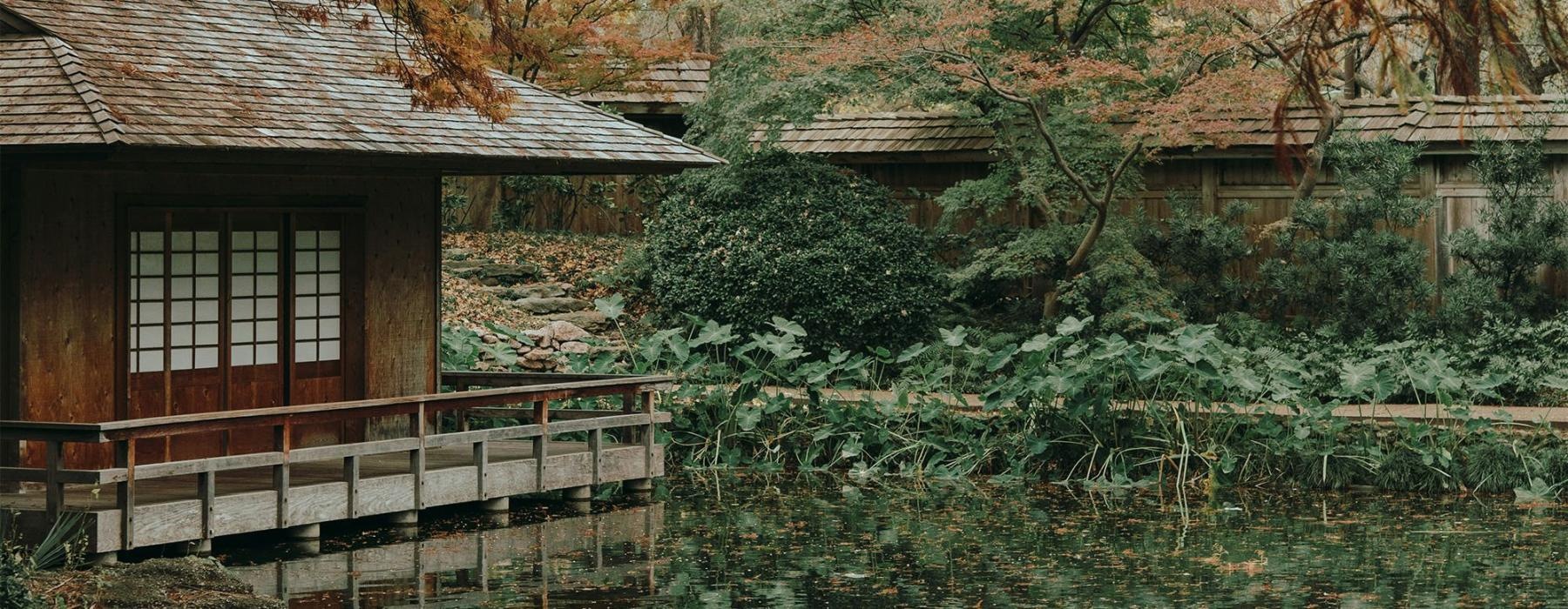 a house with a pond in front of it and trees around it