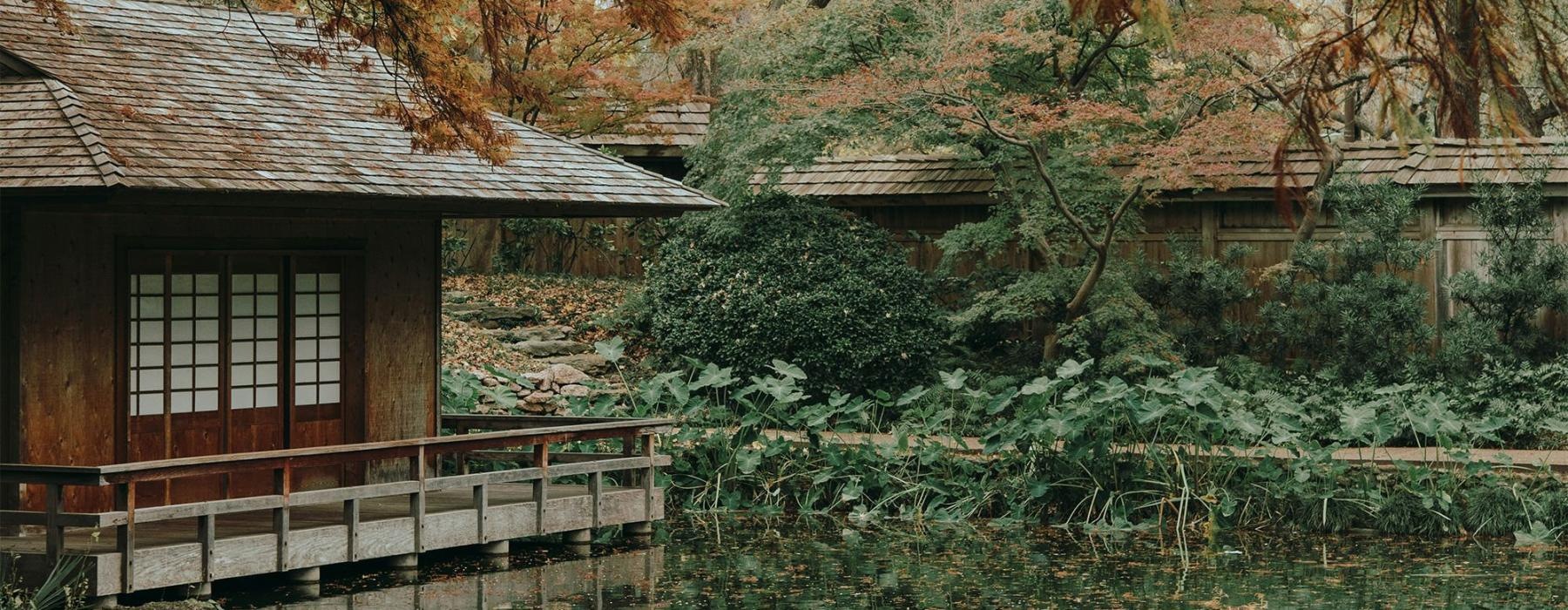 a house with a pond in front of it and trees around it